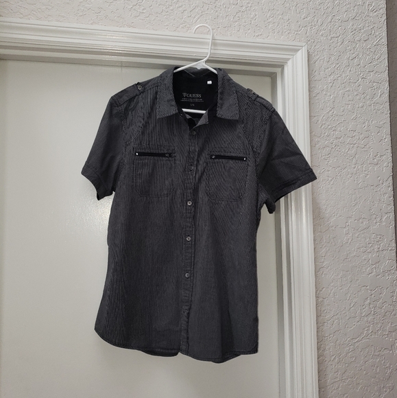 Mens Guess Striped Button Down Shirt with Pockets - Picture 4 of 8